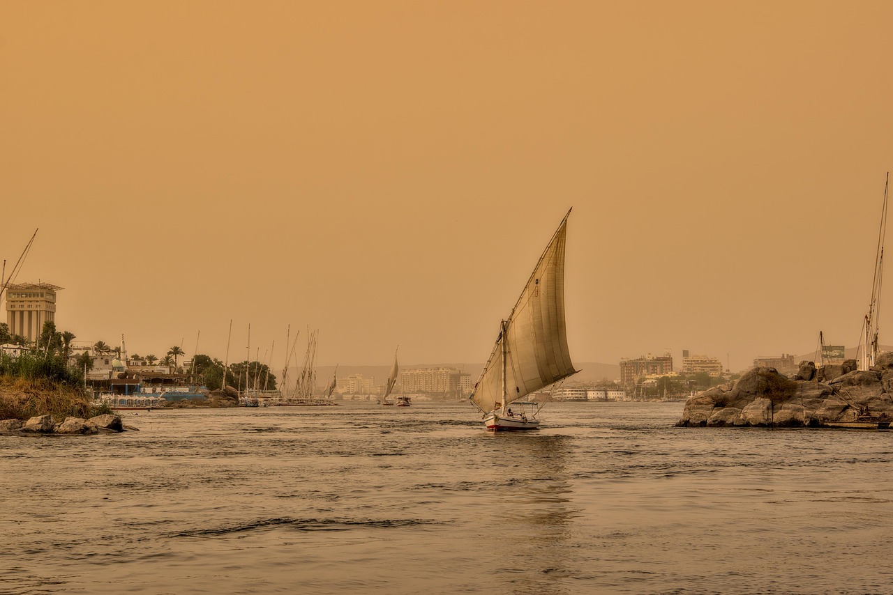 felucca, nile, sunset, flow, sailboat, boats, riverside, egypt, nature, dusk, river landscape, shipping